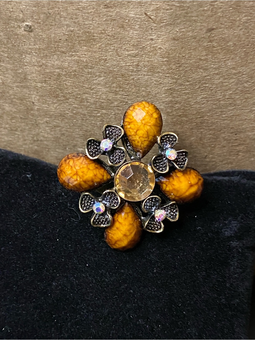 Vintage Orange Floral Crystal Adjustable Statement Ring